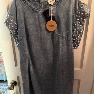 BiBi Light Blue Washed Denim Top with Pearl Tag Detail NWT